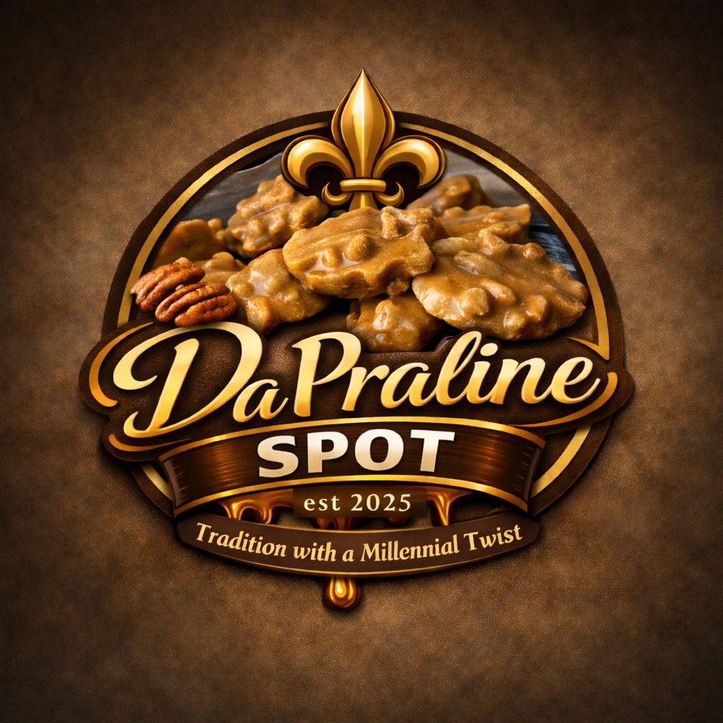 DaPraline Spot logo with pecan pralines and a fleur-de-lis